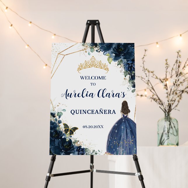 Navy Blue Floral Princess Dress Gold Quinceañera Foam Board (In Situ (Stand))