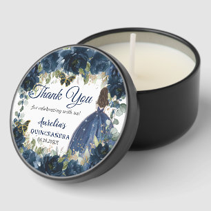 Navy Blue Floral Princess Dress Gold Quinceanera Mini Candle Favors