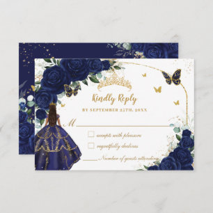 Navy Blue Floral Princess Dress Quinceañera XV 15 RSVP Card