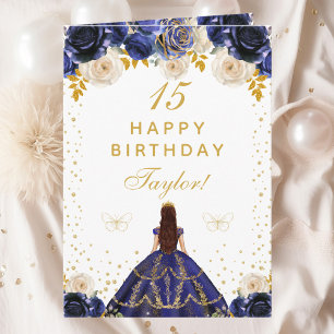 Navy Blue Floral Princess Happy Birthday Card