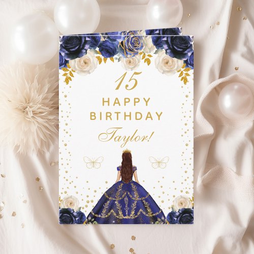 Navy Blue Floral Princess Happy Birthday Card