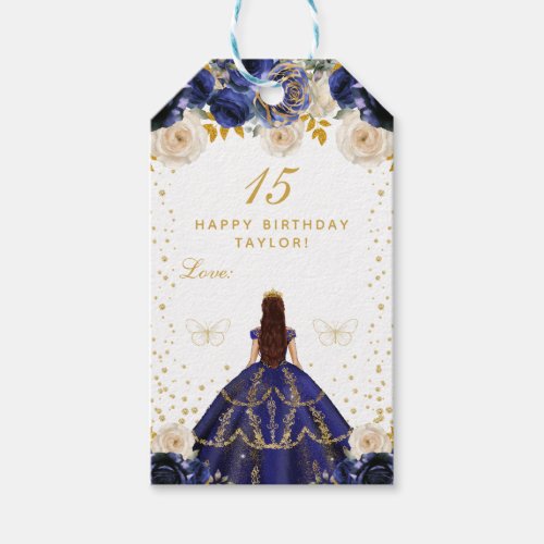 Navy Blue Floral Princess Happy Birthday Gift Tags