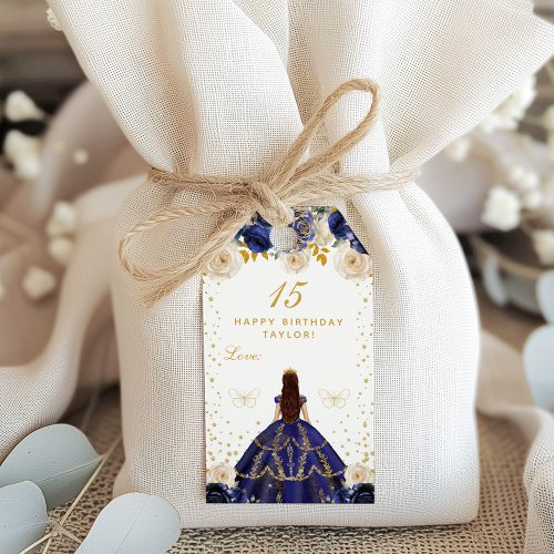 Navy Blue Floral Princess Happy Birthday Gift Tags