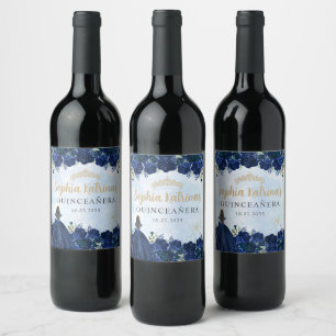 Navy Blue Floral Princess Quinceanera Birthday Wine Label