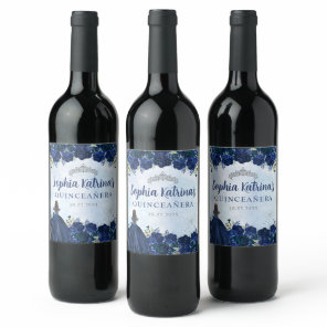 Navy Blue Floral Princess Quinceanera Birthday Wine Label