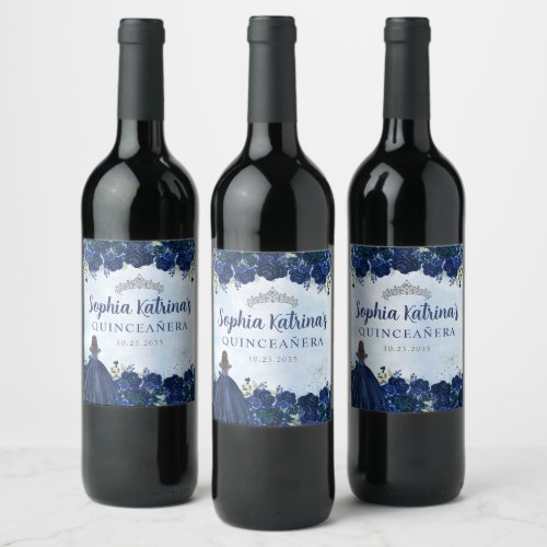 Navy Blue Floral Princess Quinceanera Birthday Wine Label