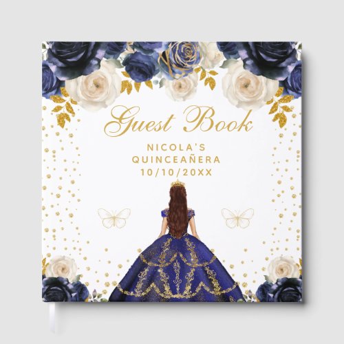 Navy Blue Floral Princess Quinceañera Guest Book