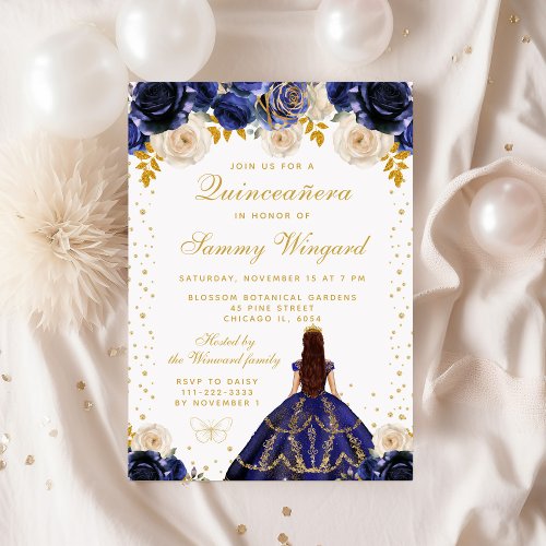 Navy Blue Floral Princess Quinceaera Invitation