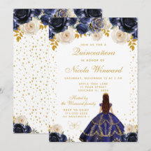 Navy Blue Floral Princess Quinceañera