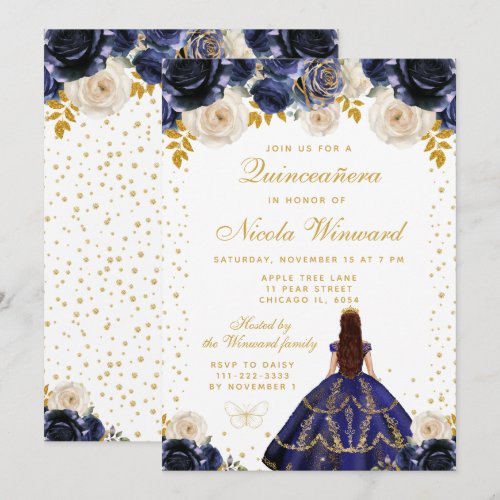 Navy Blue Floral Princess Quinceañera Invitation