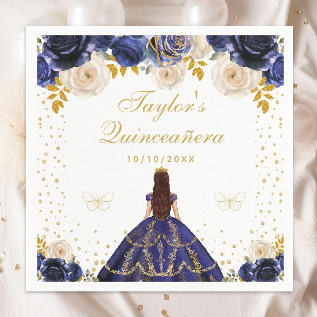 Navy Blue Floral Princess Quinceañera Napkins (Creator Uploaded)