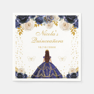 Navy Blue Floral Princess Quinceañera Napkins