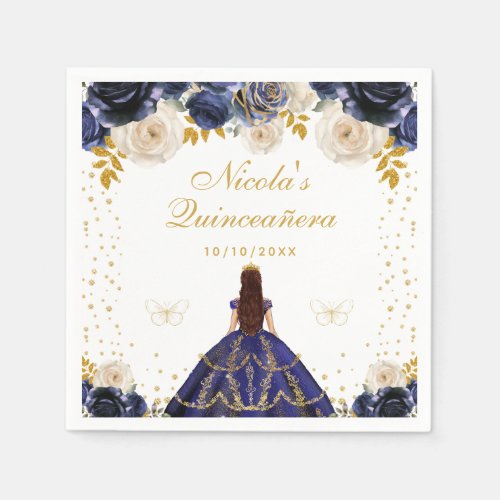 Navy Blue Floral Princess Quinceañera Napkins