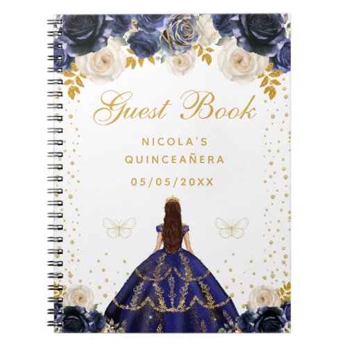 Navy Blue Floral Princess Quinceañera Notebook