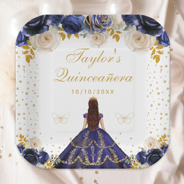 Navy Blue Floral Princess Quinceañera Paper Plates (Creator Uploaded)