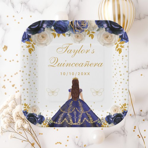 Navy Blue Floral Princess Quinceaera Paper Plates