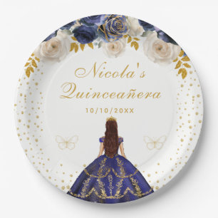 Navy Blue Floral Princess Quinceañera Paper Plates