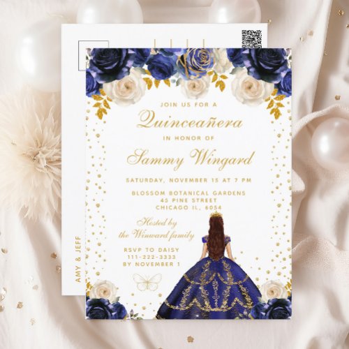 Navy Blue Floral Princess Quinceaera Postcard