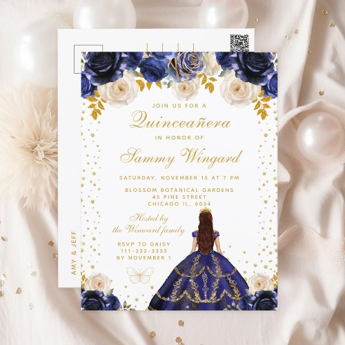 Navy Blue Floral Princess Quinceaera Postcard