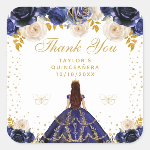 Navy Blue Floral Princess Quinceaera Square Sticker