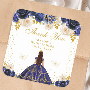 Navy Blue Floral Princess Quinceañera Square Sticker