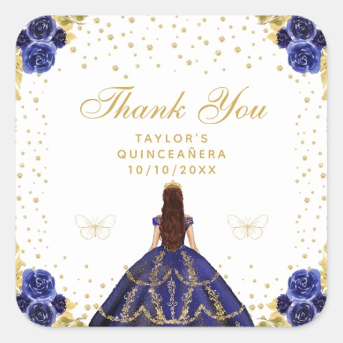 Navy Blue Floral Princess Quinceaera Square Sticker