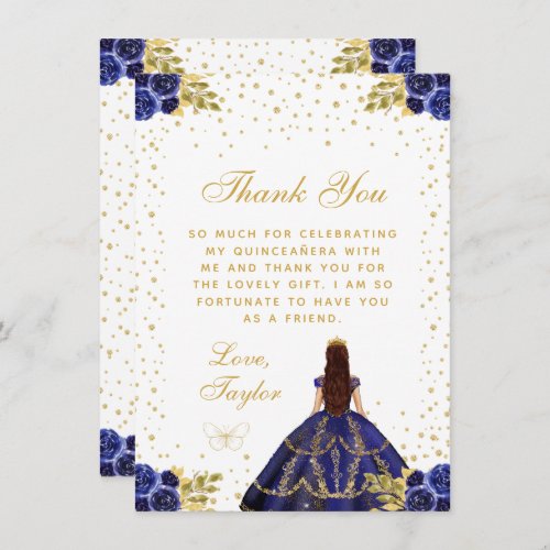 Navy Blue Floral Princess Quinceaera Thank You Card