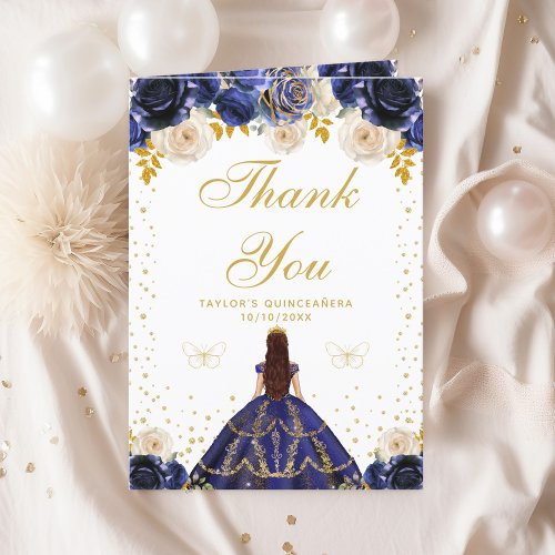 Navy Blue Floral Princess Quinceaera Thank You Card