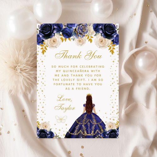 Navy Blue Floral Princess Quinceaera Thank You Card