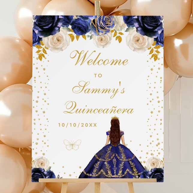 Navy Blue Floral Princess Quinceañera Welcome Foam Board (Creator Uploaded)