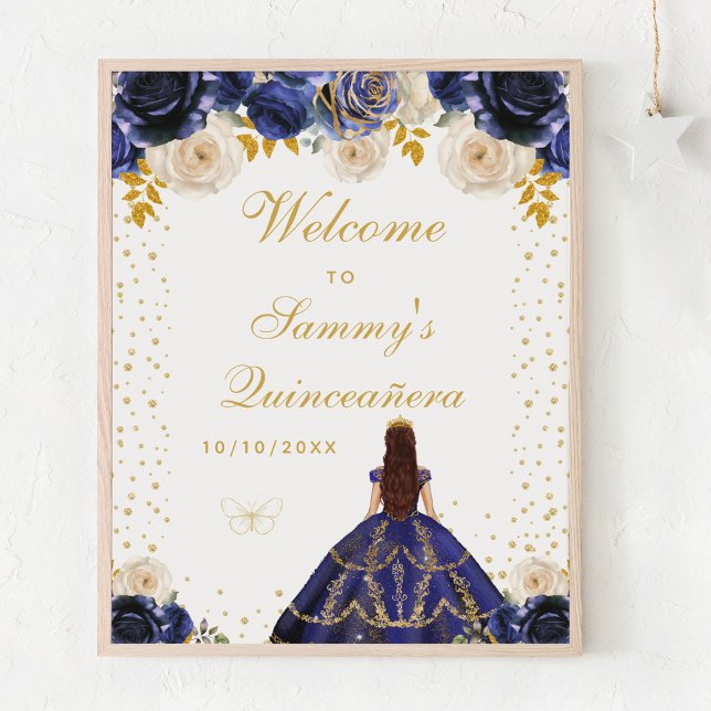 Navy Blue Floral Princess Quinceañera Welcome Poster (Creator Uploaded)