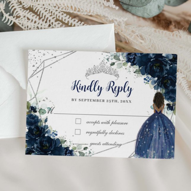 Navy Blue Floral Princess Silver Quinceañera Reply RSVP Card (Creator Uploaded)
