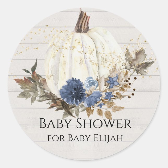Navy Blue Floral Pumpkin Gray Wood Baby Shower Classic Round Sticker (Front)