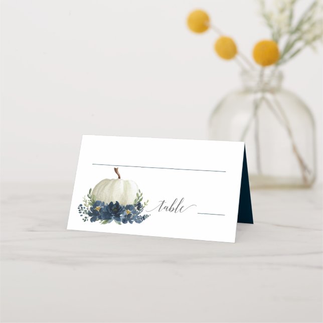 Navy Blue Floral Pumpkin Place Cards (Front)