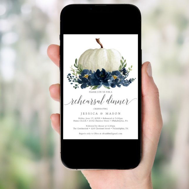 Navy Blue Floral Pumpkin Rehearsal Dinner Invitati Invitation (Front Digital)