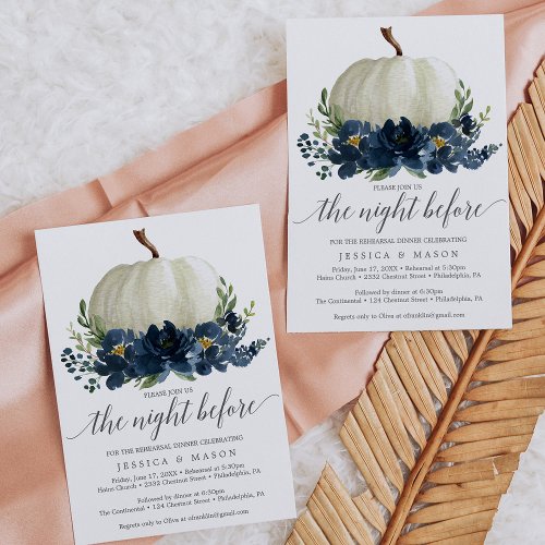 Navy Blue Floral Pumpkin Rehearsal Dinner Invitation