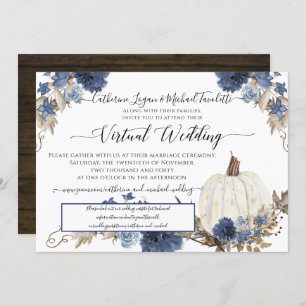 Navy Blue Floral Pumpkin Rustic Virtual Wedding Invitation