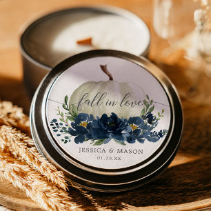 Navy Blue Floral Pumpkin Wedding Classic Round Sticker