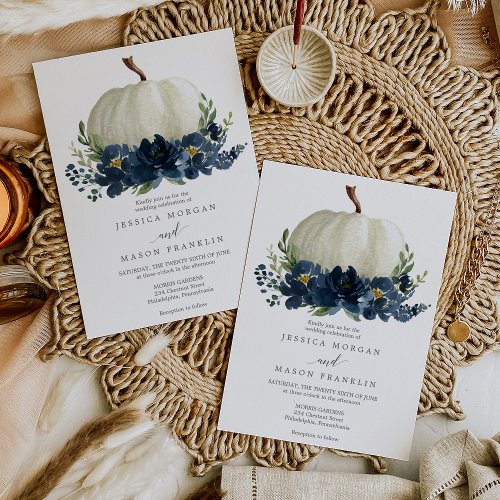 Navy Blue Floral Pumpkin Wedding Invitation