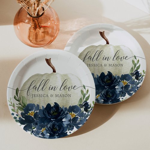 Navy Blue Floral Pumpkin Wedding Paper Plates