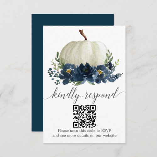 Navy Blue Floral Pumpkin Wedding QR RSVP Enclosure Card