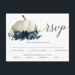 Navy Blue Floral Pumpkin Wedding RSVP Postcard<br><div class="desc">This design features a rustic white pumpkin nestled in a bouquet of watercolor painted navy florals and lush greenery. Elegant classic fonts tie this design together. See the entire collection for more matching items!</div>