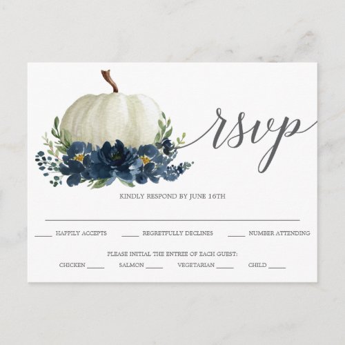 Navy Blue Floral Pumpkin Wedding RSVP Postcard