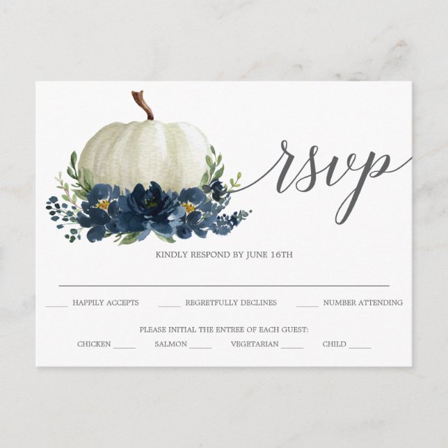 Navy Blue Floral Pumpkin Wedding RSVP Postcard (Front)