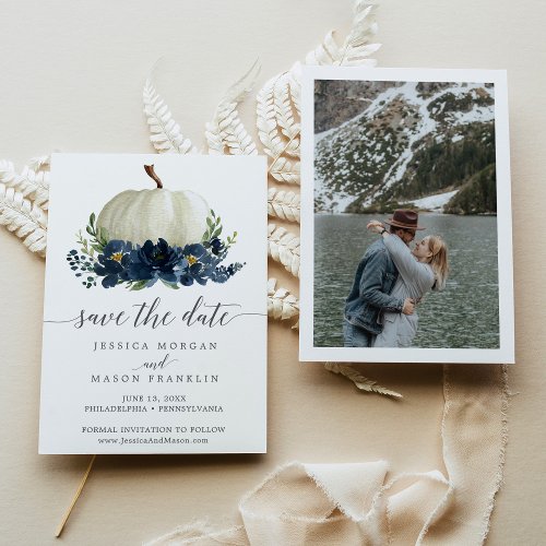 Navy Blue Floral Pumpkin Wedding Save the Dates Invitation