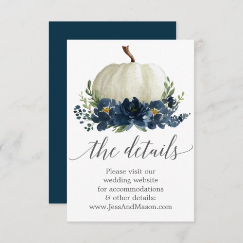 Navy Blue Floral Pumpkin Wedding Website Details Enclosure Card