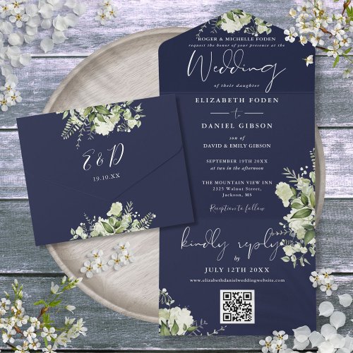 Navy Blue Floral QR Code Formal Wedding All In One Invitation