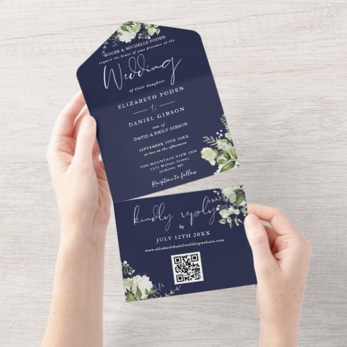 Navy Blue Floral QR Code Formal Wedding All In One Invitation