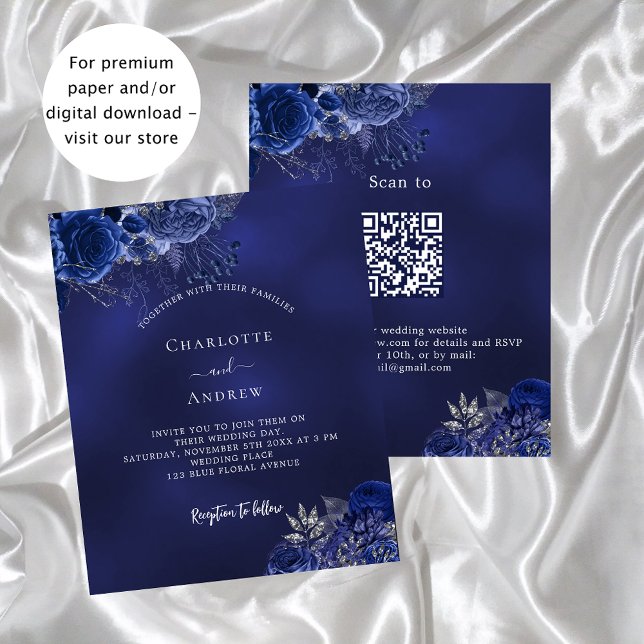 Navy blue floral QR RSVP budget wedding invitation (Creator Uploaded)