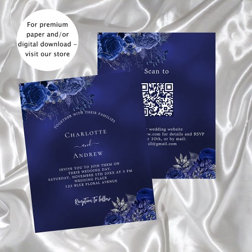 Navy blue floral QR RSVP budget wedding invitation Flyer